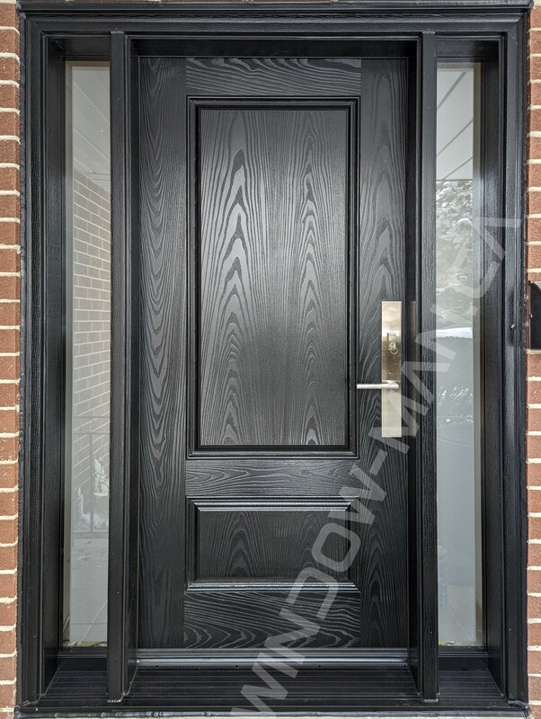black oak grain fiberglass door with sidelights and clear border glass, 2 panel, multipoint lock