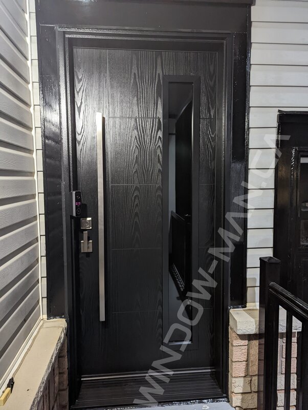 black oak grain fiberglass door with full super grey glass, pull bar handles, groove design, novatech vertical accent - view from the outside