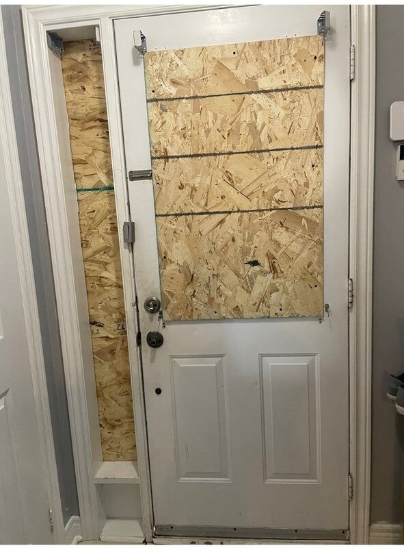 black steel wide door with small acid etched glass, 42”, multipoint lock, novatech sydney - before-after