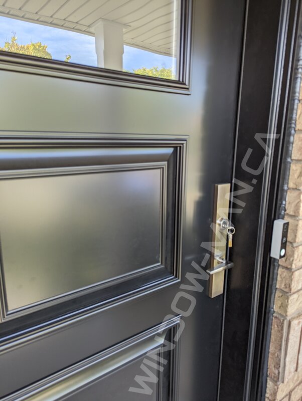 black steel wide door with small acid etched glass, 42”, multipoint lock, novatech sydney - detailed close up