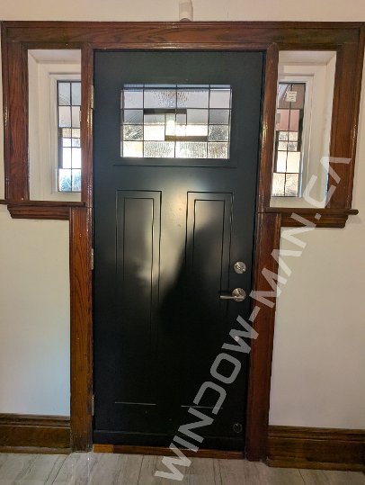 black steel craftsman door with side windows and santa fe stained glass, 2 panel - view from the inside