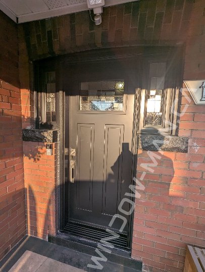 black steel craftsman door with side windows and santa fe stained glass, 2 panel - view from the outside