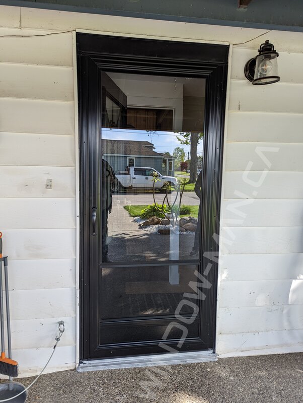 black steel door with 3/4 blackburn wrought iron glass and storm door - detailed close up