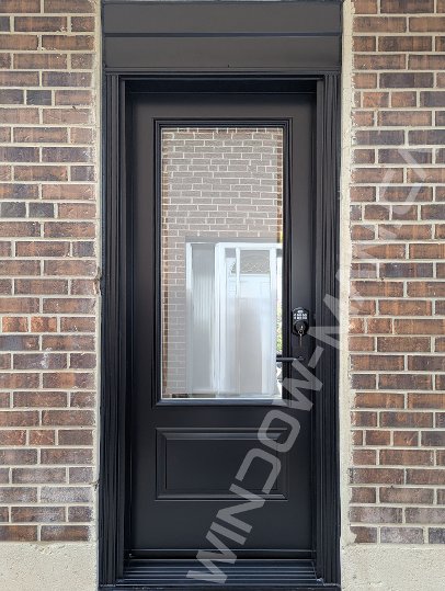 black steel door with 3/4 clear border glass, smart lock