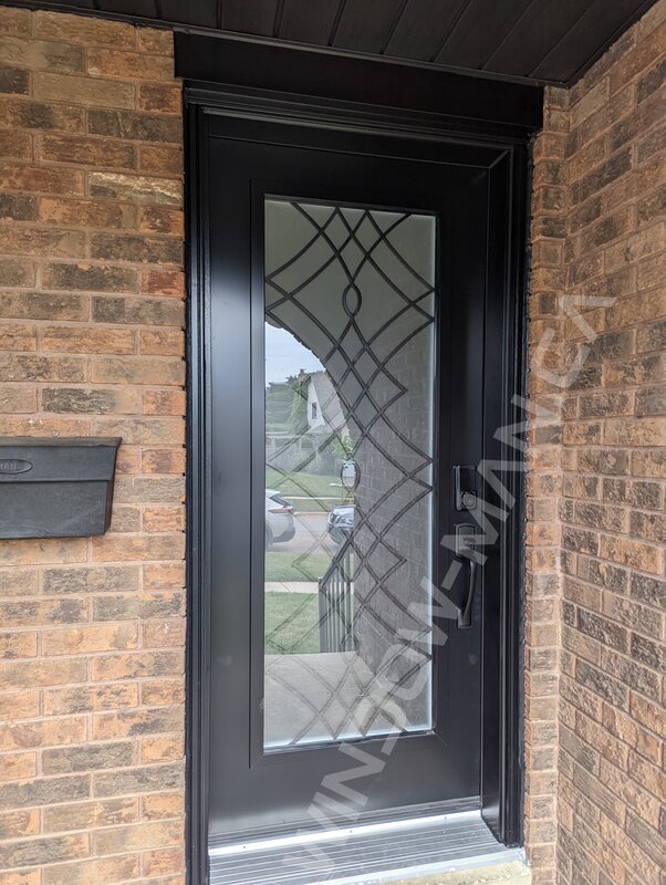 black steel door with full oak ridge wrought iron glass, smart lock - view from the outside