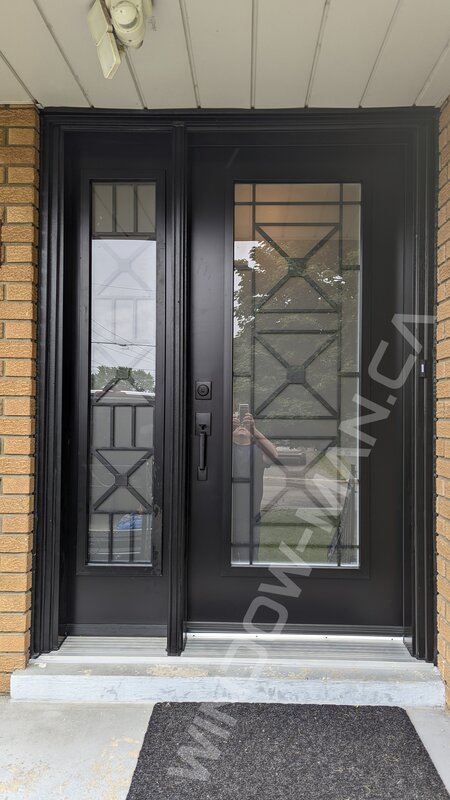 black steel door with sidelight and full century wrought iron glass, wide sidelight - view from the outside
