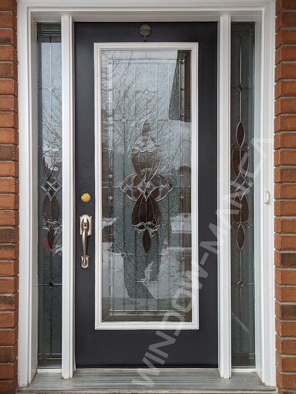 black steel door with sidelight and 3/4 cookstown stained glass, smart lock - before-after