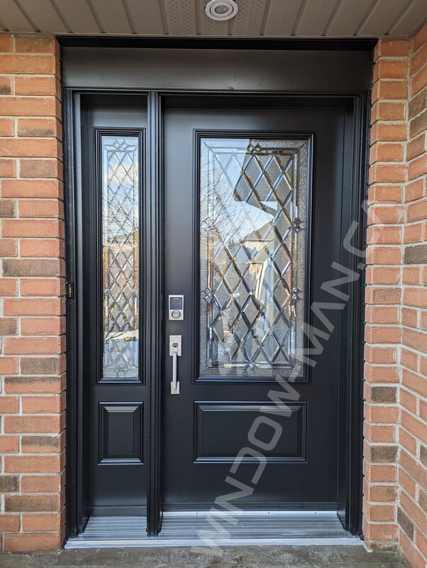 black steel door with sidelight and 3/4 cookstown stained glass, smart lock - view from the outside