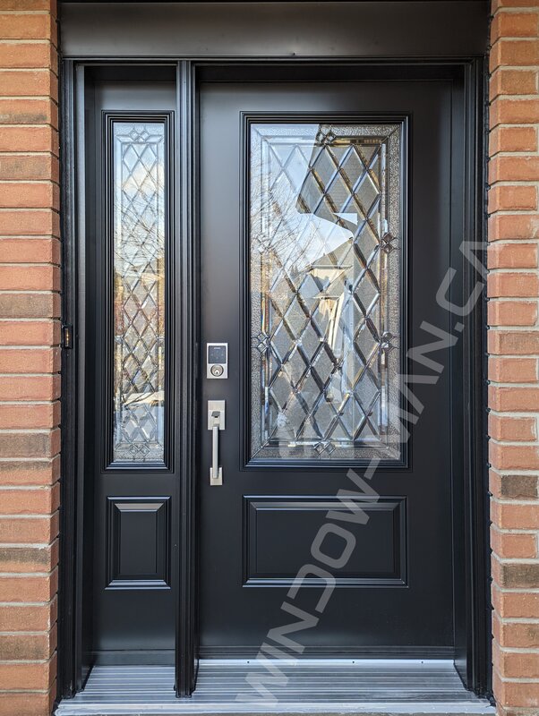 black steel door with sidelight and 3/4 cookstown stained glass, smart lock