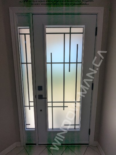 black steel door with sidelight and full pasadena wrought iron glass - view from the inside