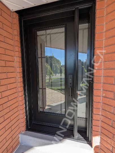 black steel door with sidelight and full pasadena wrought iron glass - view from the outside