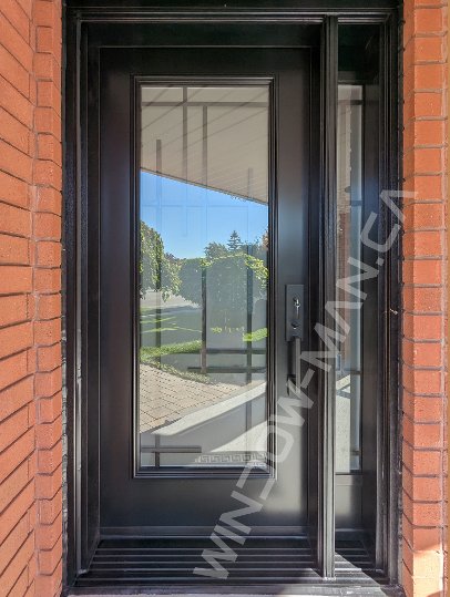 black steel door with sidelight and full pasadena wrought iron glass
