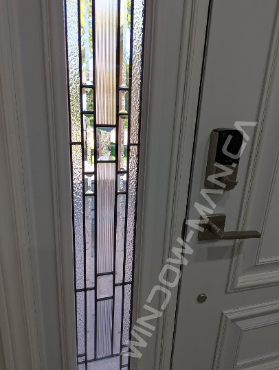 black steel door with sidelights, executive panels, smart lock - detailed close up