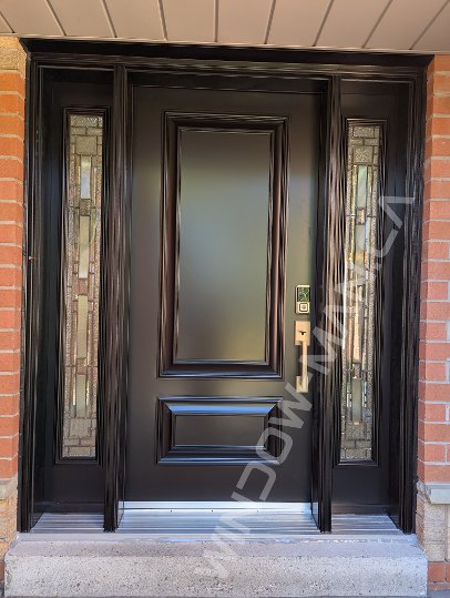 black steel door with sidelights, executive panels, smart lock - view from the outside