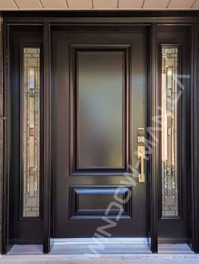 black steel door with sidelights, executive panels, smart lock