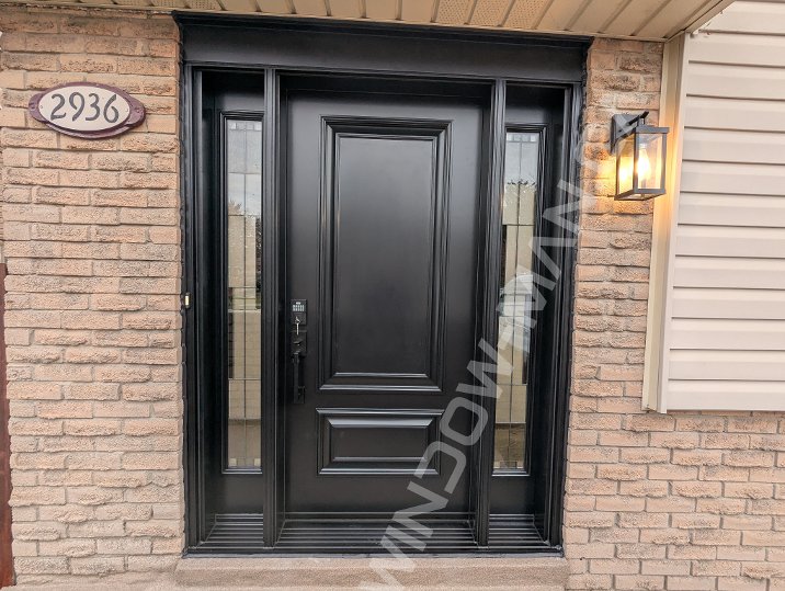 black steel door with sidelights, executive panels, smart lock - view from the outside