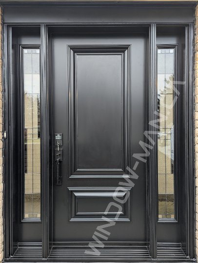 black steel door with sidelights, executive panels, smart lock