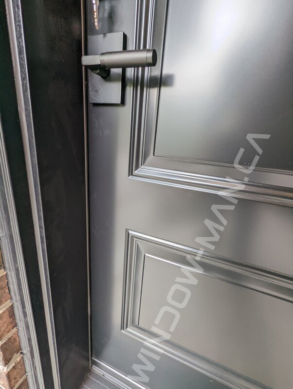 black steel garage door, 2 panel - detailed close up