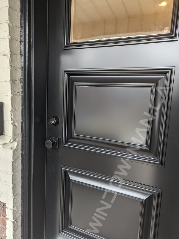black steel door with small clear glass and executive panels, novatech sydney - detailed close up