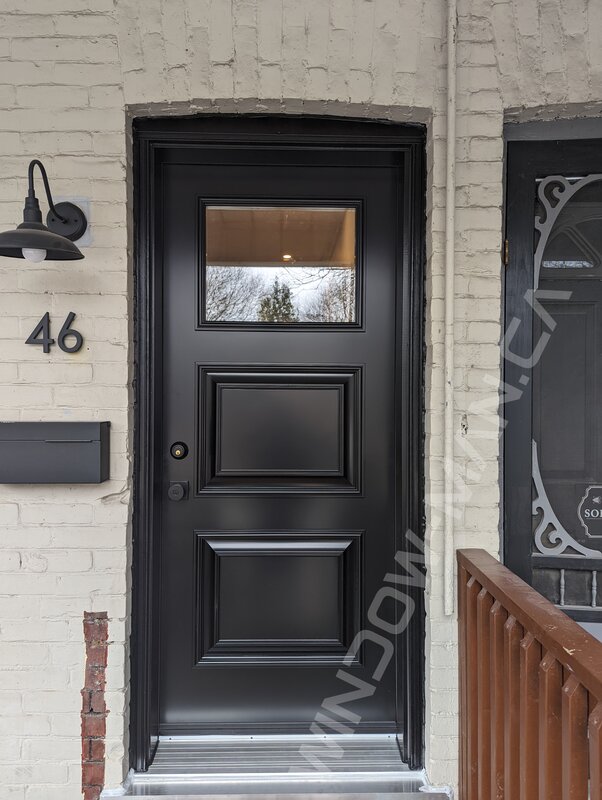 black steel door with small clear glass and executive panels, novatech sydney - view from the outside