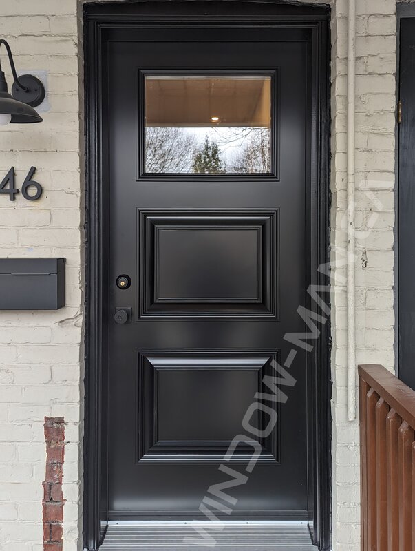 black steel door with small clear glass and executive panels, novatech sydney