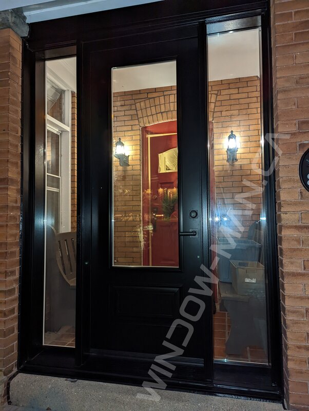 black steel tall door with sidelights and 3/4 clear glass, 8-foot - detailed close up