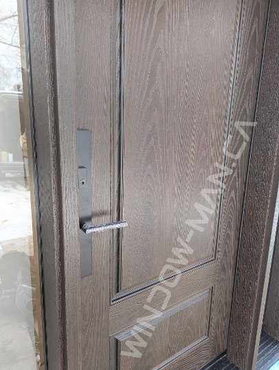 brown oak grain fiberglass tall door with sidelights and acid etched glass, 2 panel, multipoint lock, 8-foot - detailed close up