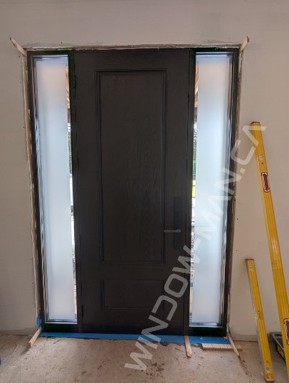 brown oak grain fiberglass tall door with sidelights and acid etched glass, 2 panel, multipoint lock, 8-foot - view from the inside