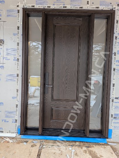 brown oak grain fiberglass tall door with sidelights and acid etched glass, 2 panel, multipoint lock, 8-foot - view from the outside