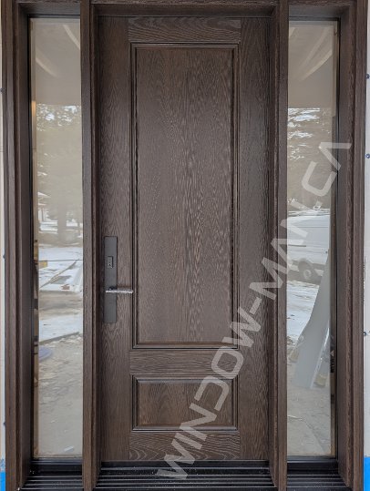 brown oak grain fiberglass tall door with sidelights and acid etched glass, 2 panel, multipoint lock, 8-foot
