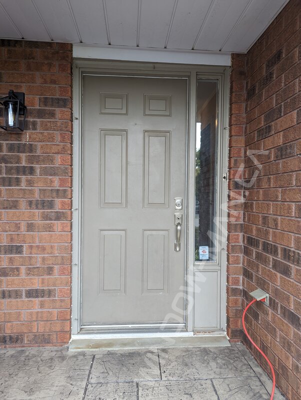 brown oak grain fiberglass craftsman door with sidelight and acid etched sdl glass - before-after