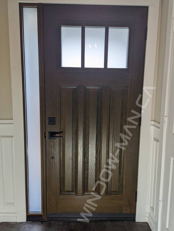 brown oak grain fiberglass craftsman door with sidelight and acid etched sdl glass - view from the inside