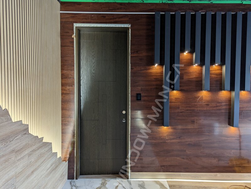 brown fiberglass tall door with grooves, 8-foot - view from the outside