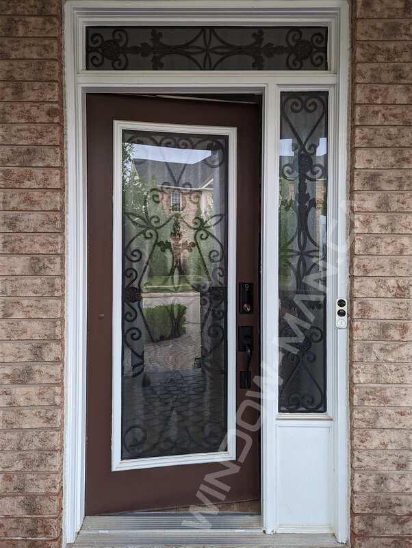 brown fiberglass door with sidelight and acid etched glass, mahogany grain, 8-foot - before-after