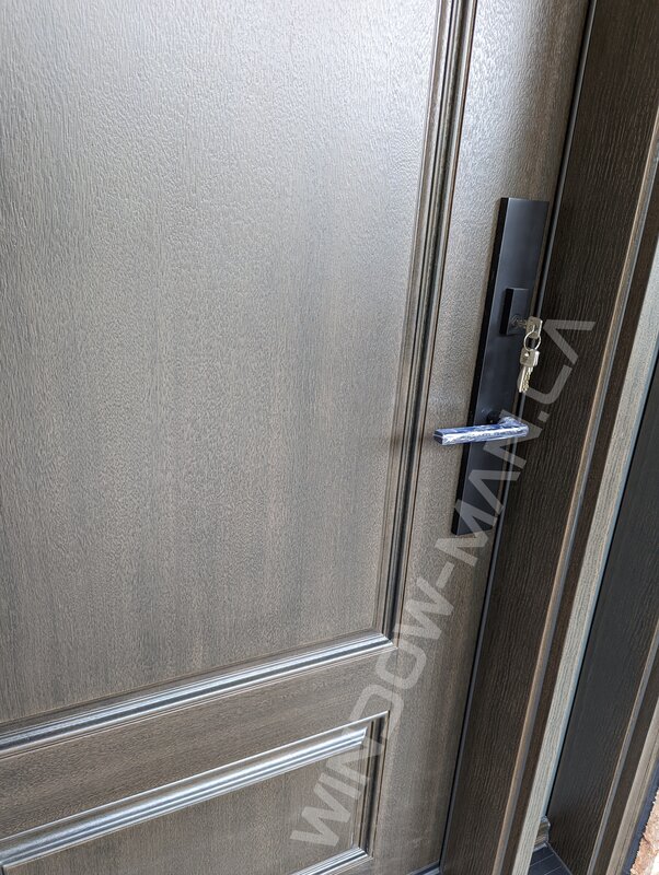 brown fiberglass door with sidelight and acid etched glass, mahogany grain, 8-foot - detailed close up