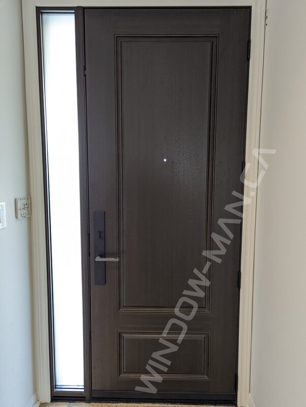 brown fiberglass door with sidelight and acid etched glass, mahogany grain, 8-foot - view from the inside