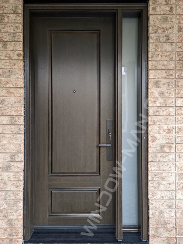 brown fiberglass door with sidelight and acid etched glass, mahogany grain, 8-foot