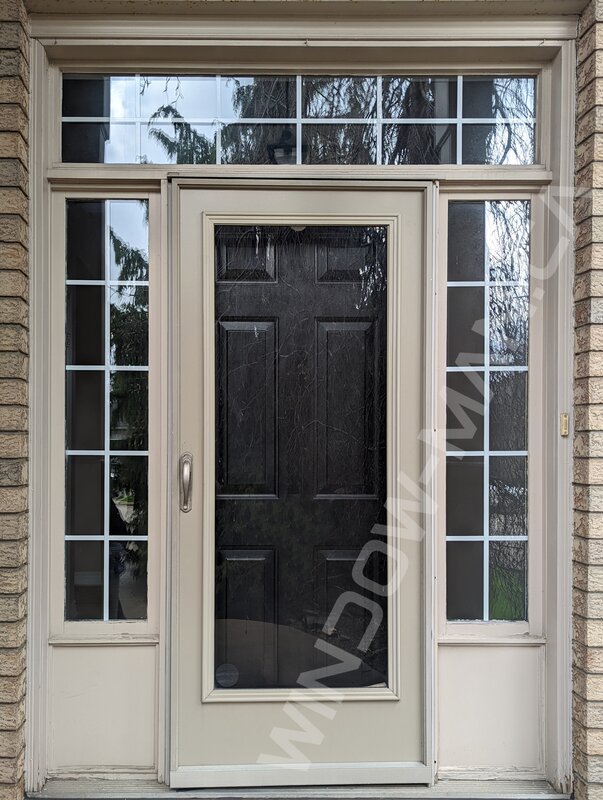 brown fiberglass door with sidelights and clear border glass, 8-foot, multipoint lock - before-after