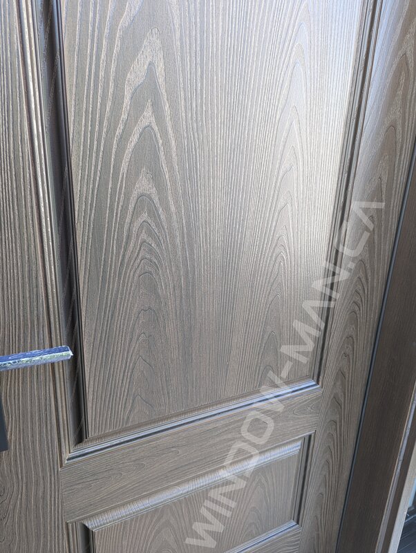 brown fiberglass door with sidelights and clear border glass, 8-foot, multipoint lock - detailed close up