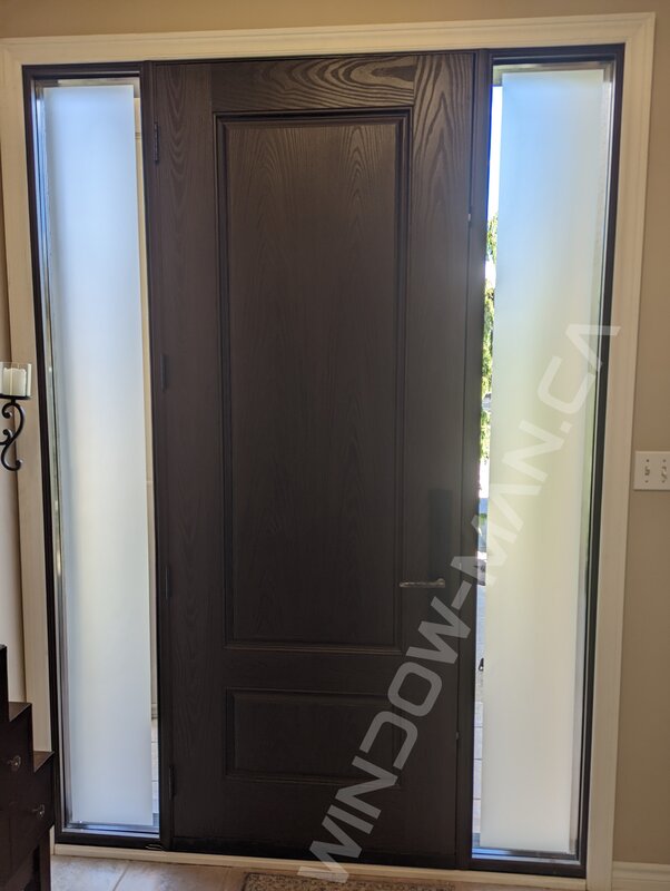 brown fiberglass door with sidelights and clear border glass, 8-foot, multipoint lock - view from the inside