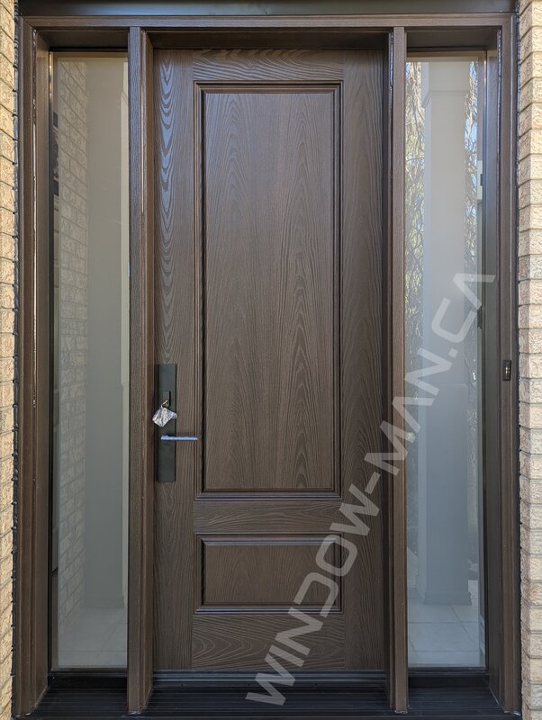 brown fiberglass door with sidelights and clear border glass, 8-foot, multipoint lock