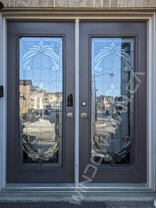 brown fiberglass door with sidelights and cookstown glass, smart lock, two-tone - before-after