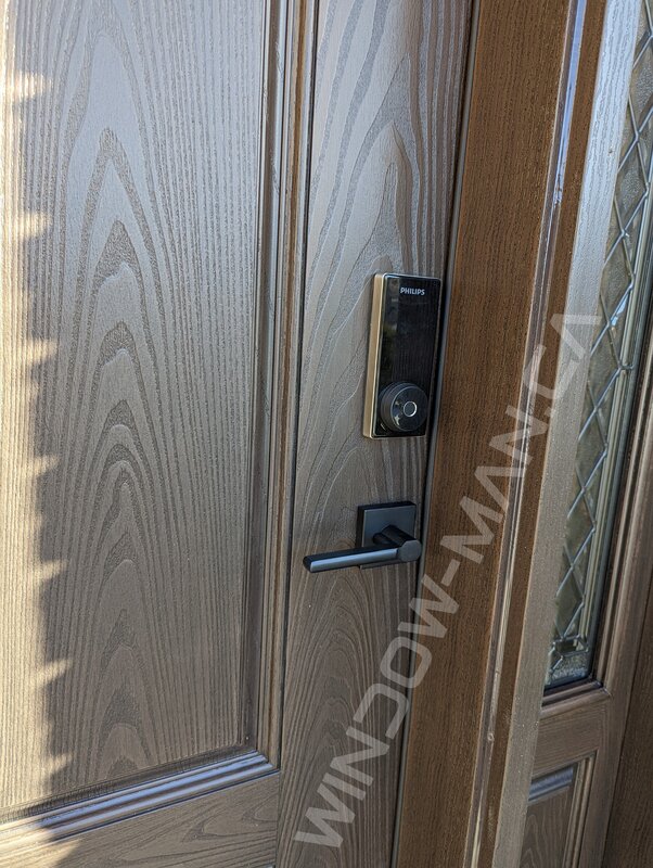 brown fiberglass door with sidelights and cookstown glass, smart lock, two-tone - detailed close up
