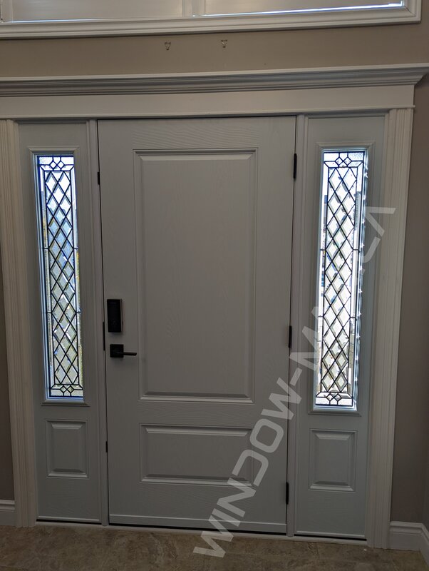 brown fiberglass door with sidelights and cookstown glass, smart lock, two-tone - view from the inside