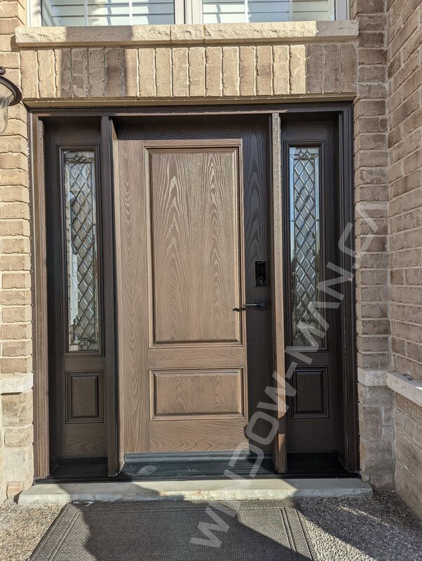 brown fiberglass door with sidelights and cookstown glass, smart lock, two-tone - view from the outside