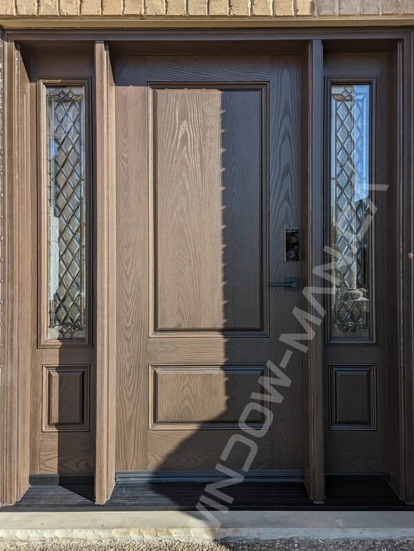 brown fiberglass door with sidelights and cookstown glass, smart lock, two-tone
