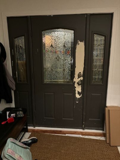 brown oak grain fiberglass door with sidelights and clear border glass, groove design, multipoint lock - before-after