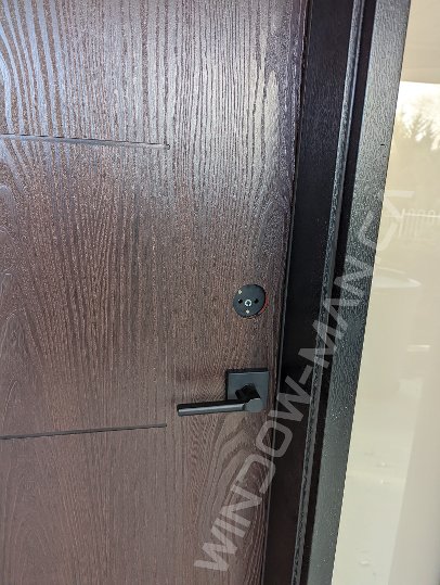 brown oak grain fiberglass door with sidelights and clear border glass, groove design, multipoint lock - view from the inside