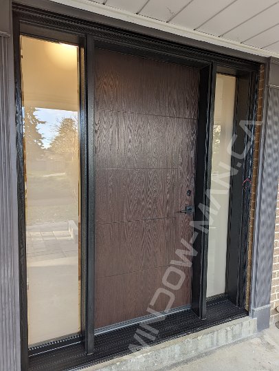 brown oak grain fiberglass door with sidelights and clear border glass, groove design, multipoint lock - view from the outside