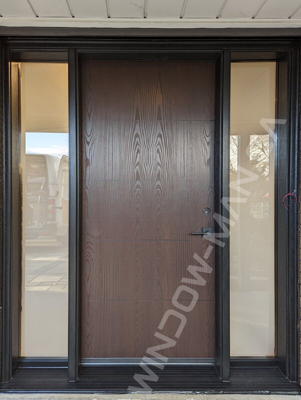 brown oak grain fiberglass door with sidelights and clear border glass, groove design, multipoint lock